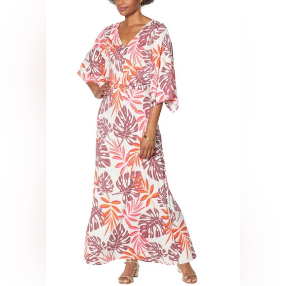 G by Giuliana Pink and Orange Tropical Print Leaf Maxi Dress Summer Stretchy - Picture 1 of 8